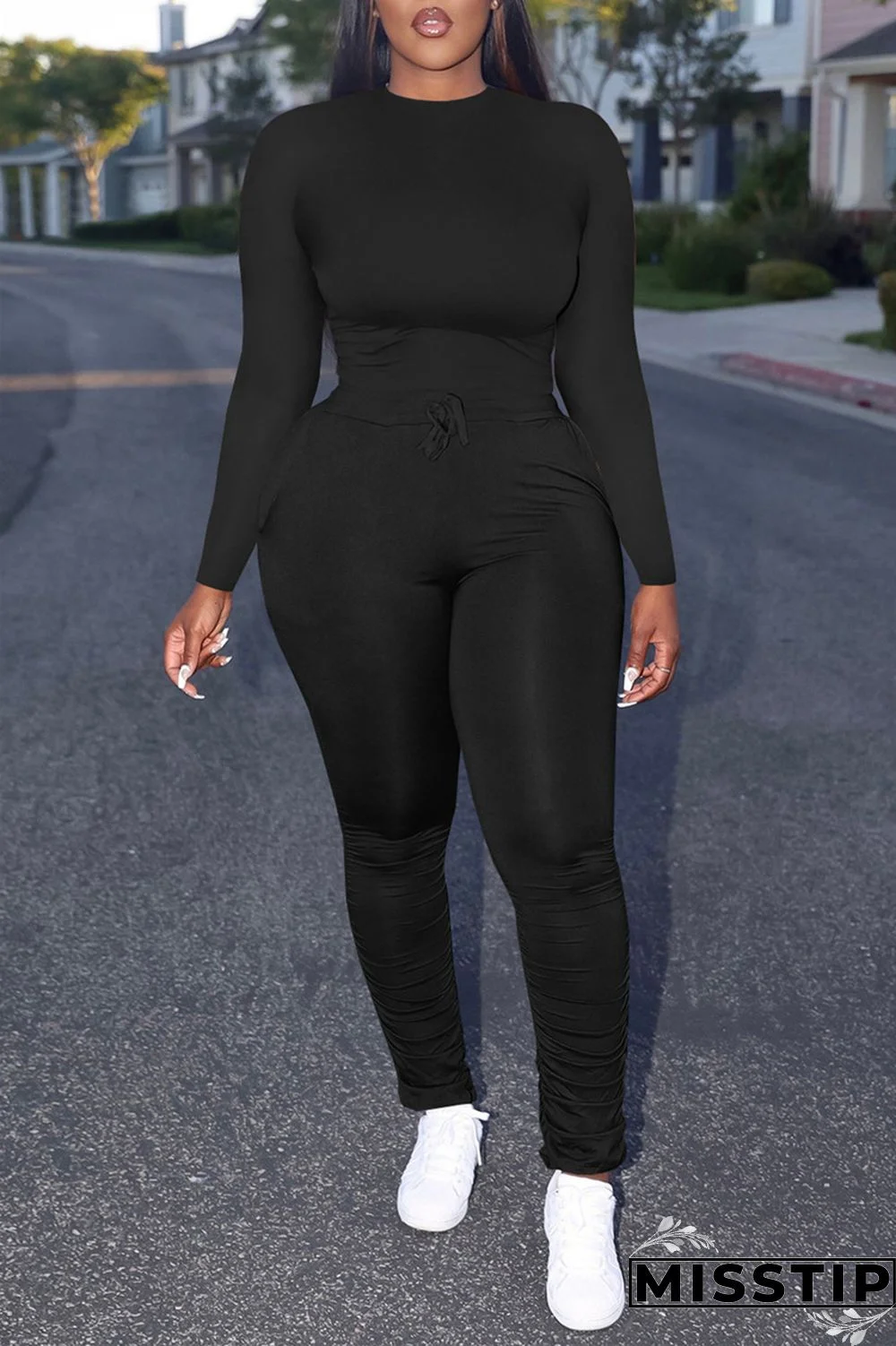 Pink Casual Solid Basic O Neck Long Sleeve Two Pieces