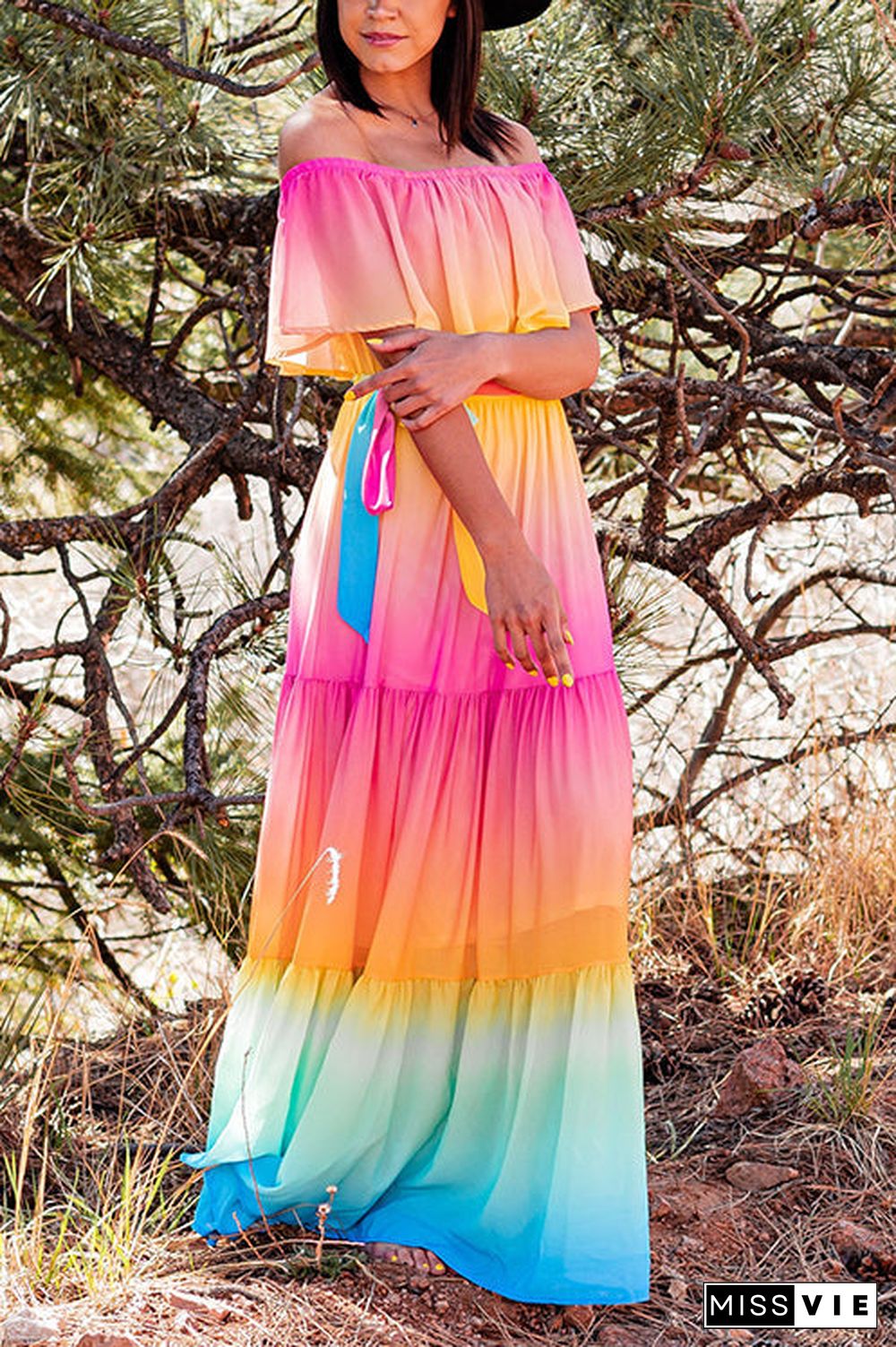 Gradient Off Shoulder Belted Maxi Dress