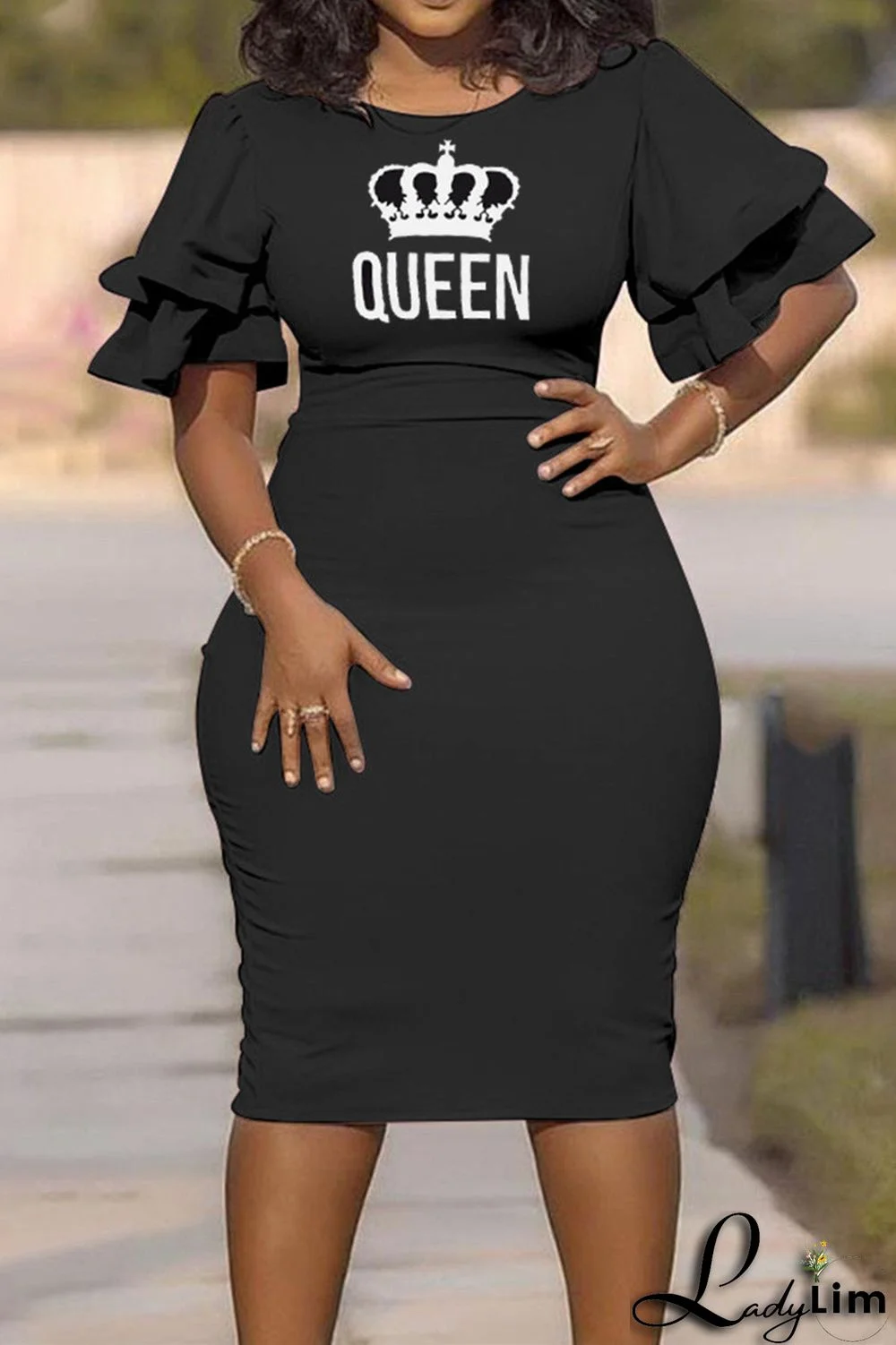 Black Fashion Casual Plus Size Letter Print Basic O Neck Short Sleeve Dress