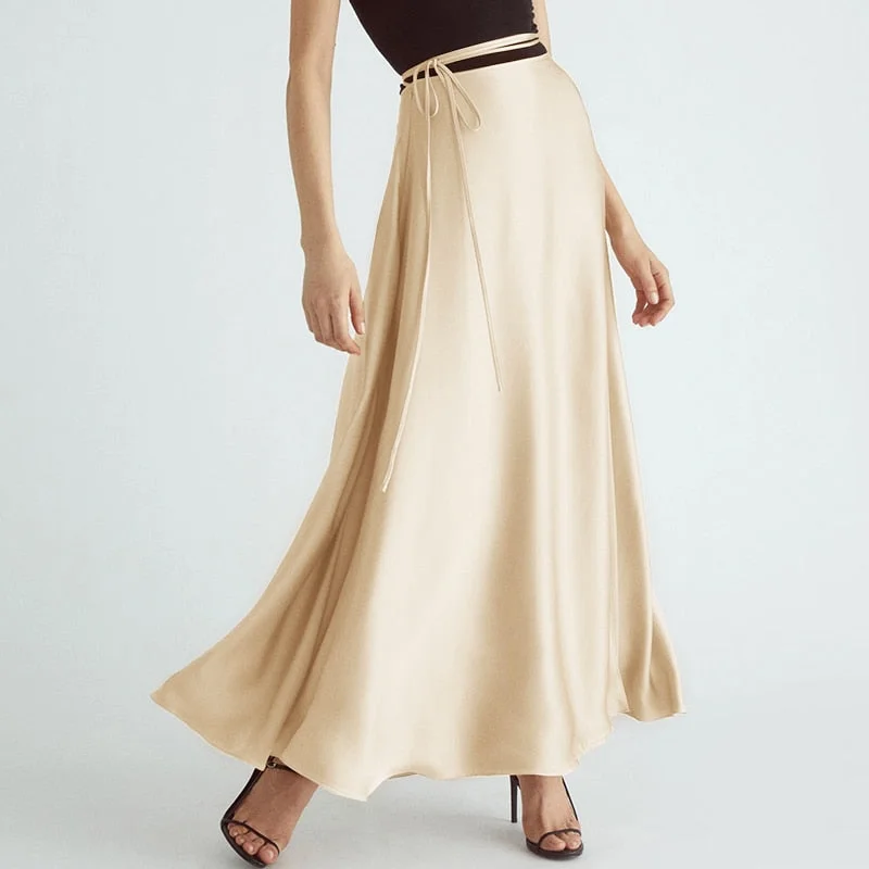 2022 Celmia Elegant Satin Maxi Skirt Women High Waist Party Skirts Fashion Bandage Skirt Casual OL Solid High Slit Long Bottoms