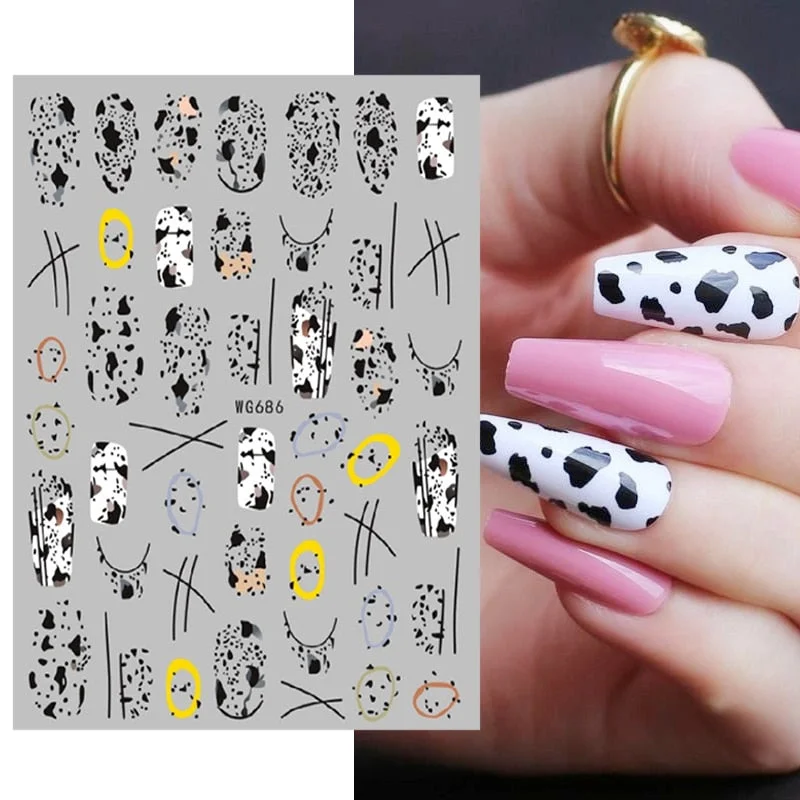 1PC Black White Milk Cow Pattern 3D Nail Stickers Geometrics Lines Leopard Milk Cows Decals Sliders Wraps DIY Decorarion