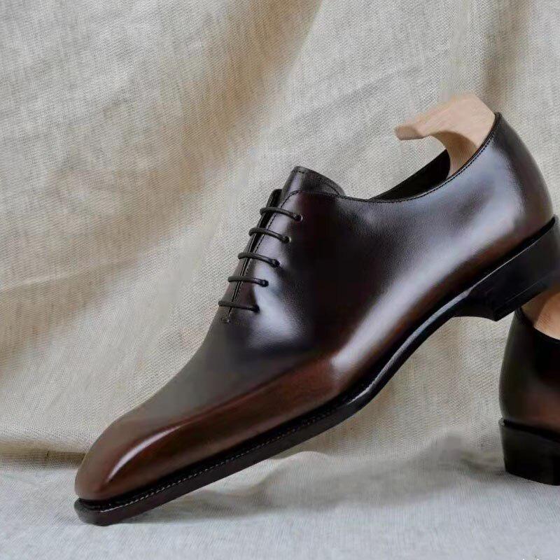 Formal Men's Shoes Leather Oxford Shoes Flat Bottom Lace Office Wedding Leather Shoes