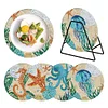 4PCS Wooden Diamond Painted Placemat Round Placemat with Holder(Marine Life)