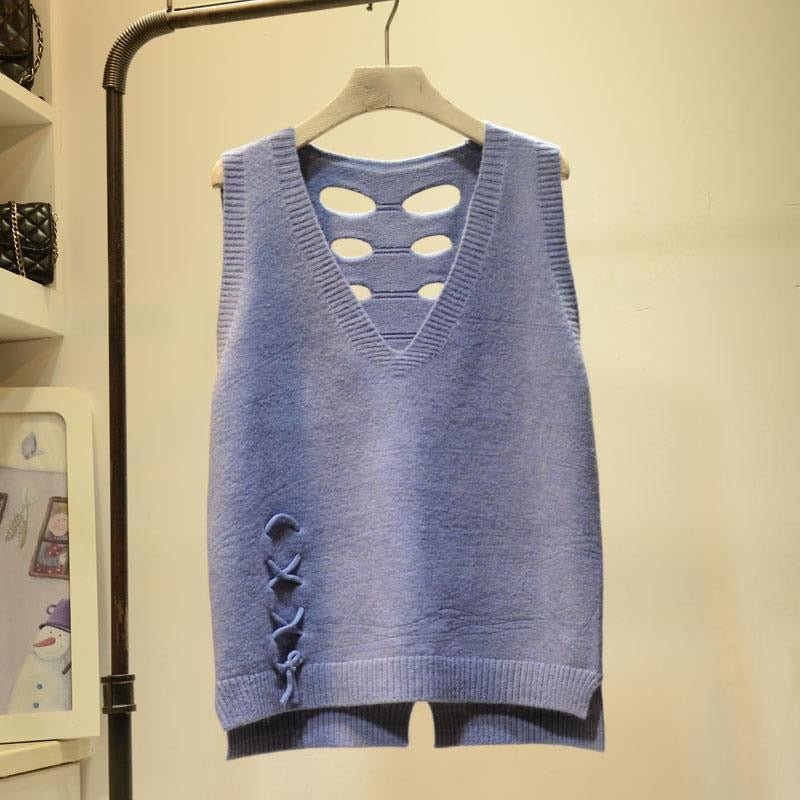 Back Hollow V-neck Knitted Sweater Vest Female Sleeveless Strap Ribbed Edge Solid Color Pullover Sweater Vest Women Spring 2021