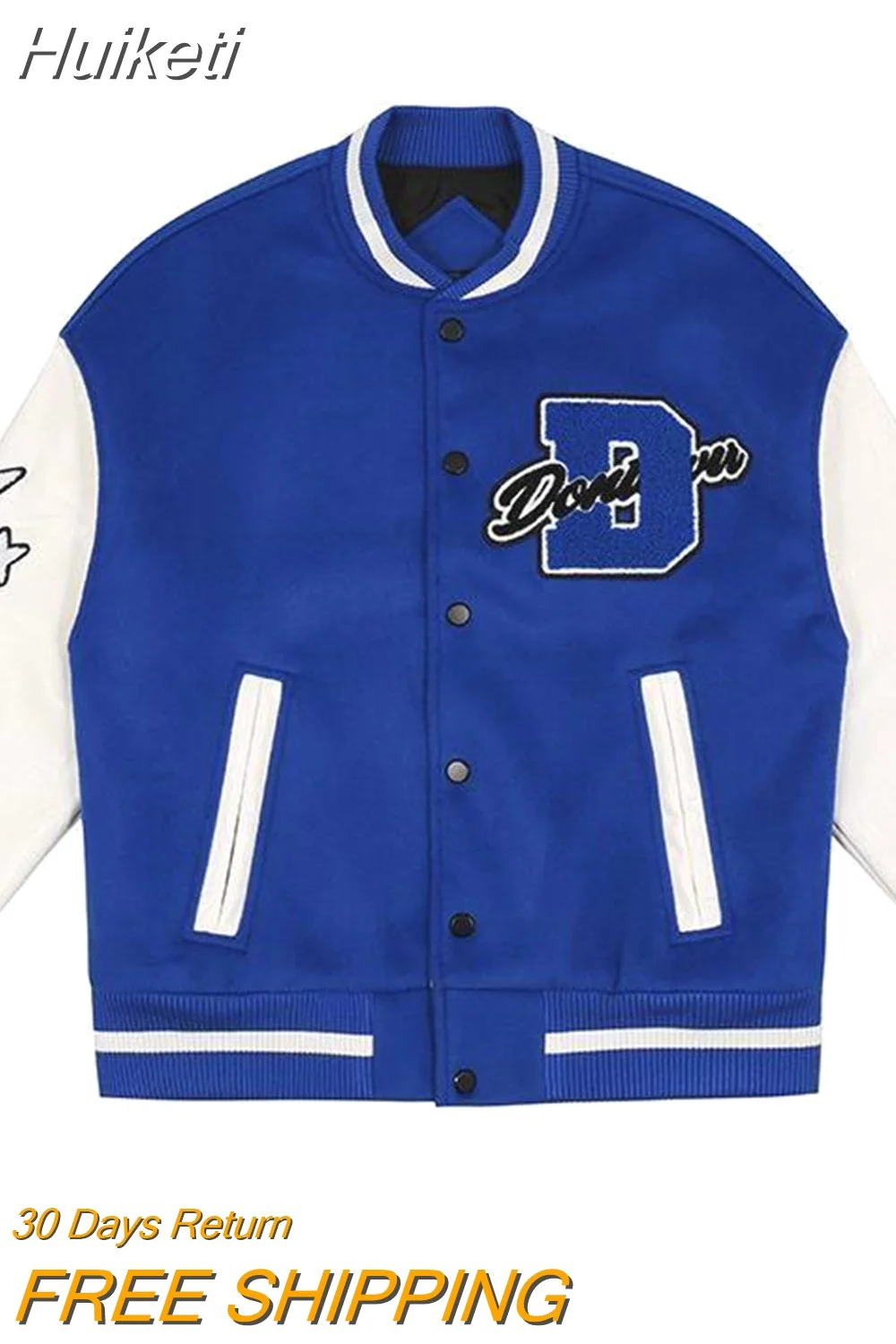 Huiketi Flocking Embroidered Jackets Coats Men's Street Hip-Hop Trend High Quality Padded Baseball Uniform Unisex Stitching Tops