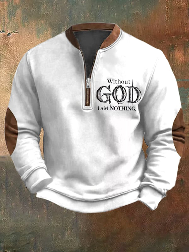 Comstylish Men's Vintage Faith Without God I Am Nothing Printed Zip Collar Sweatshirt
