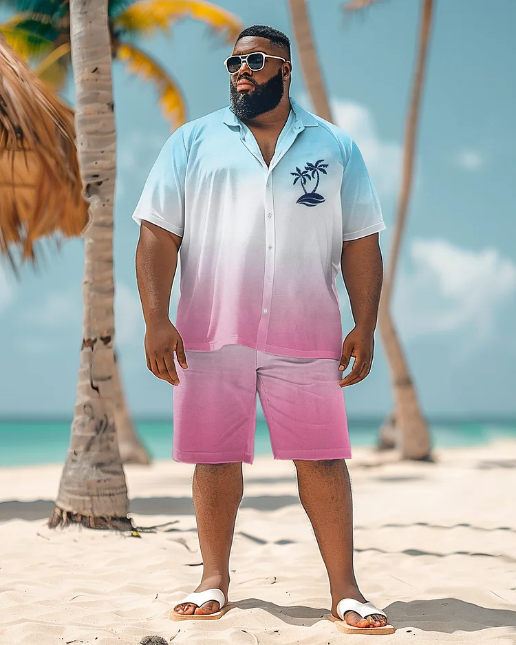 Men's Plus Size Hawaiian Color Gradient Print Shirt Shorts Suit