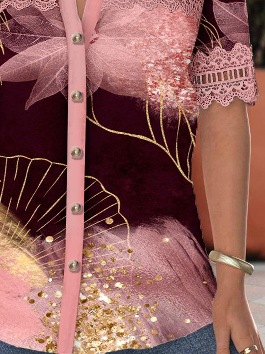 Women's Short Sleeve V-neck Lace Stitching Hollow Graphic Top