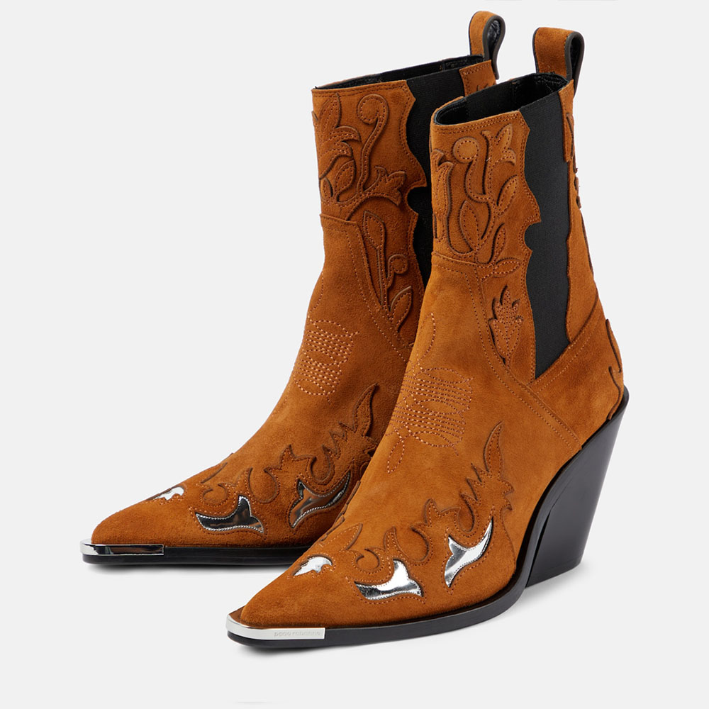 Brown Pointed Toe 3’‘ Chunky Heel Hollow Out Western Cowgirl Booties Nicepairs