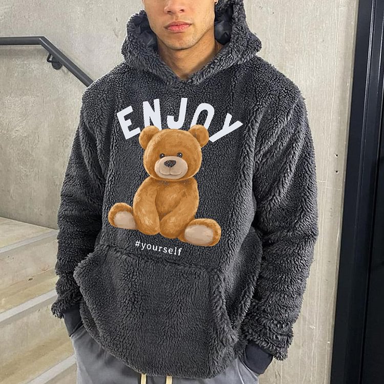 Men's Bear Graphic Plush Warm Hooded Sweatshirt