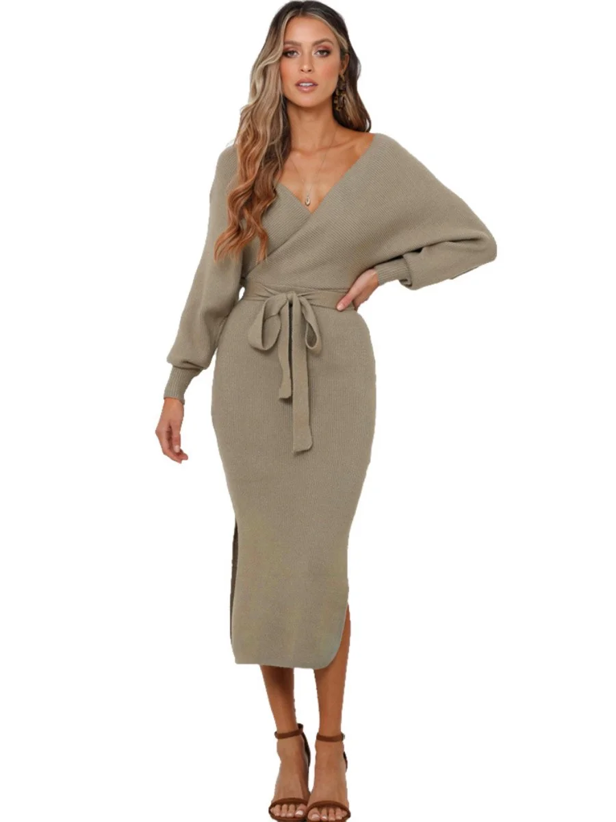 Women's Wrap Sweater Dress Batwing Sleeve V-Neck Slit Maxi Dress