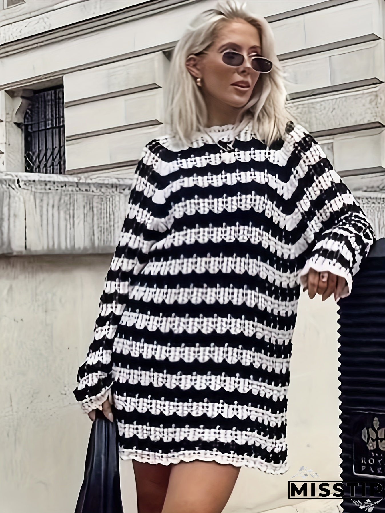 Striped Oversized Long Length Pullover Sweater, Casual Long Sleeve Sweater For Spring & Fall, Women's Clothing