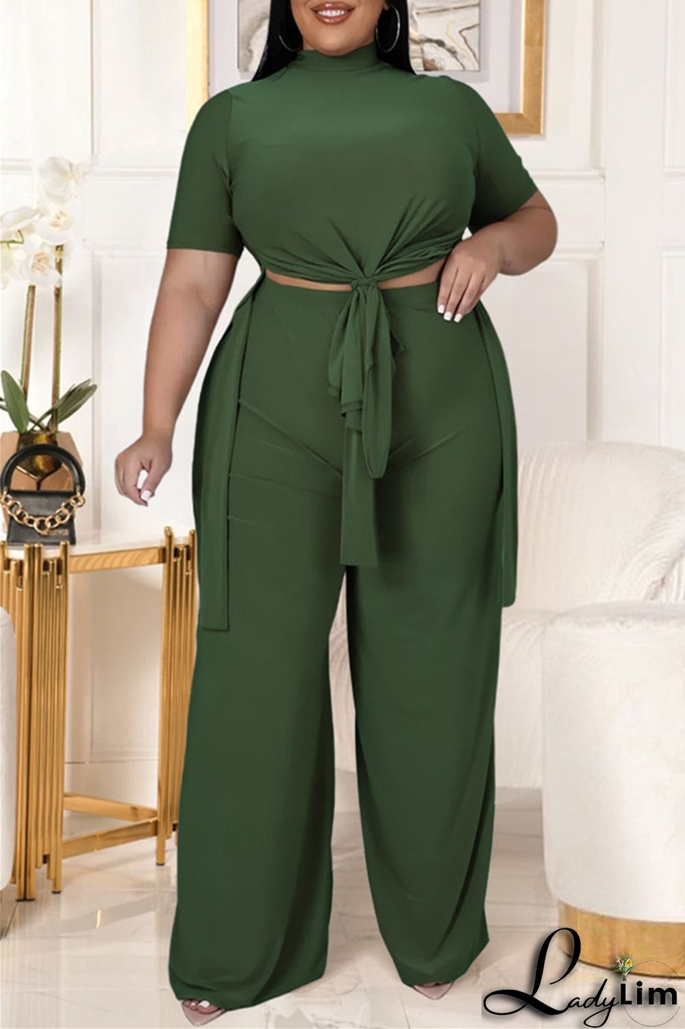 Black Fashion Casual Solid Bandage Slit Turtleneck Plus Size Two Pieces