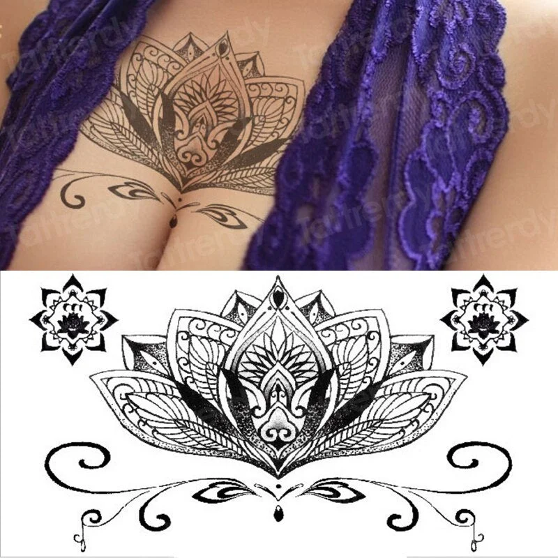 sternum temporary tattoo sticker under boob tattoo henna lace mandala tatoo fake large sexy breast tattoo decal arabic design
