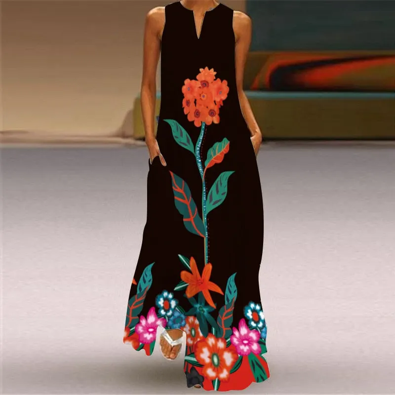 Bohemian Printed Sleeveless Maxi Dress Women Casual V-neck Robe Dresses Female Plus Size Beach Holiday Dress