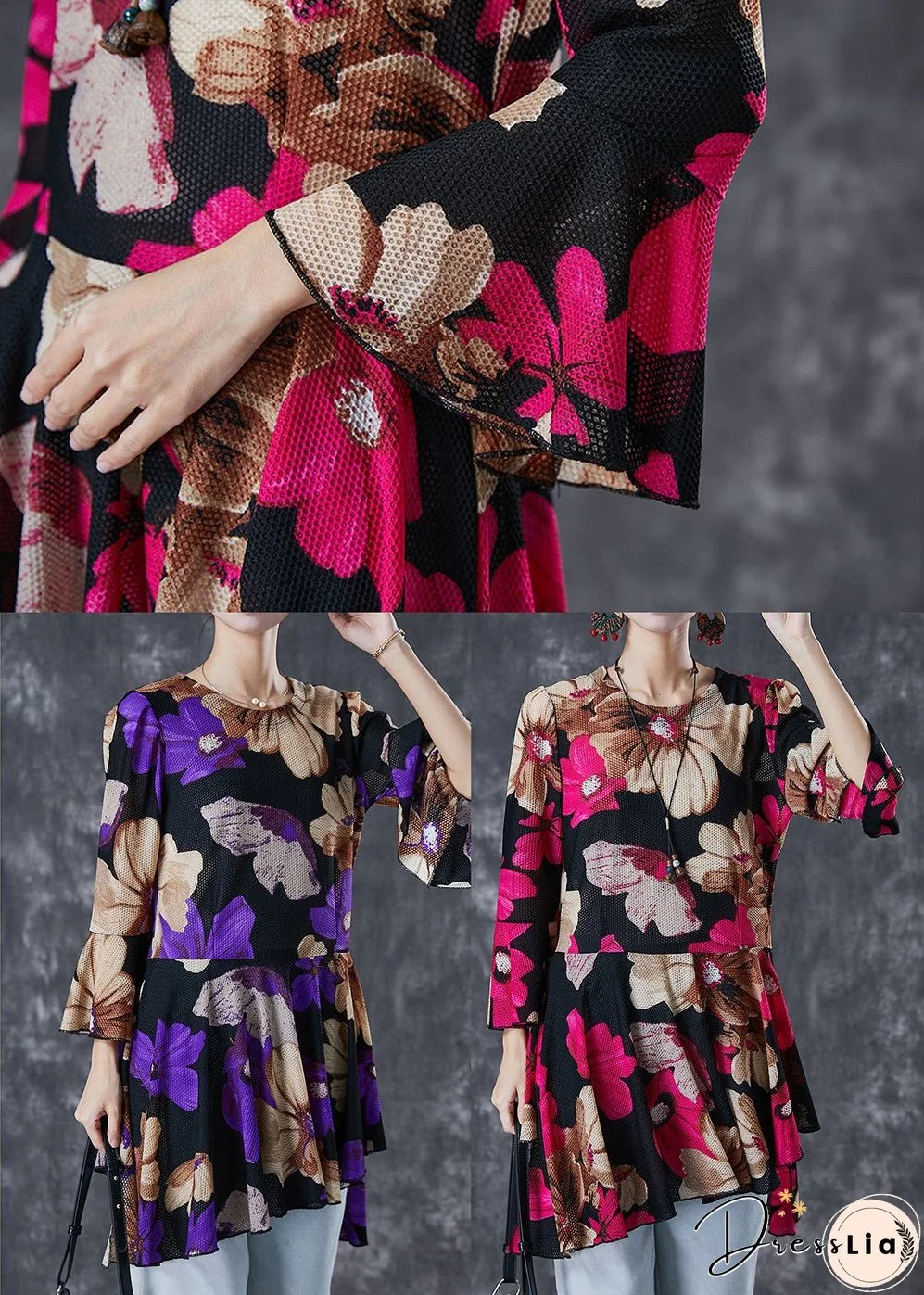 Purple Print Tulle Blouse Tops Exra Large Hem Flare Sleeve