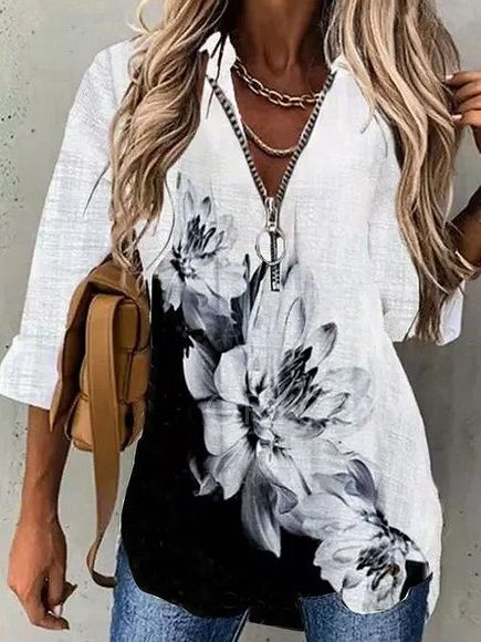 olor Block V-Neckline Long Sleeve Blouses