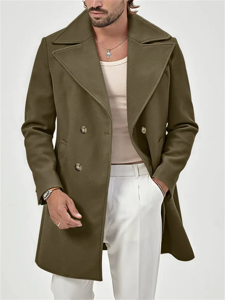 Men's Retro Solid Color Suit Collar Lapel Double-breasted Coat in The Middle-length Men's Casual Solid Color Versatile Slim Windbreaker Jacket-Cosfine