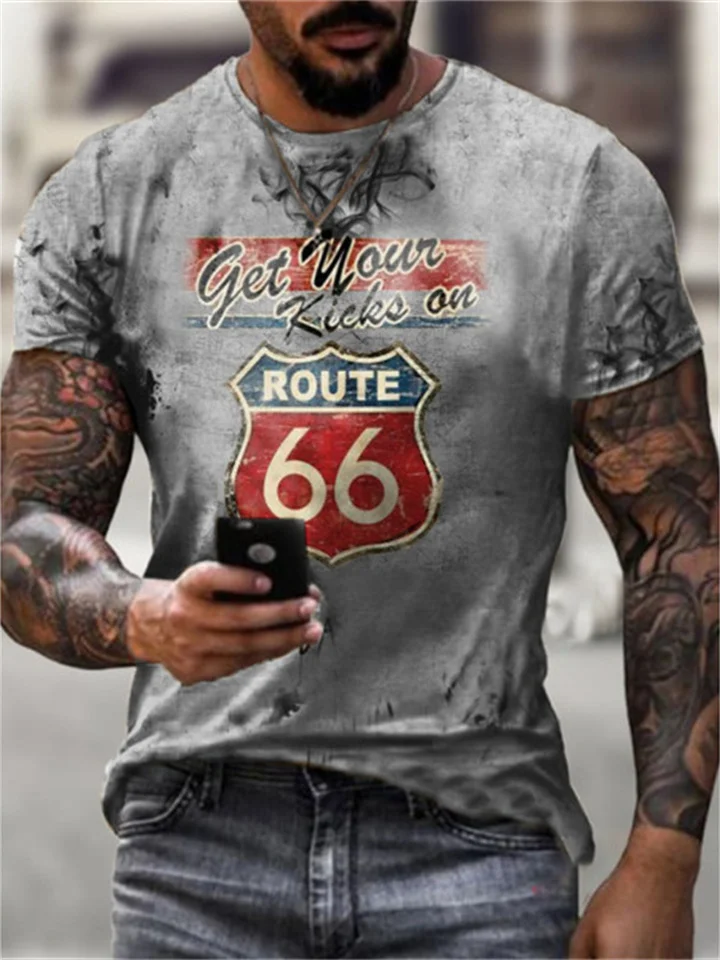 Summer Route 66 Digital Print Round Neck Comfortable Loose Short-sleeved Men's 3D T-shirt-Cosfine