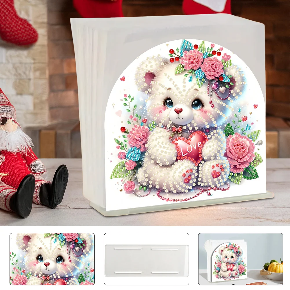 5D DIY Rose Bear Acrylic DIY Diamond Art Painting Napkin Holder Set 