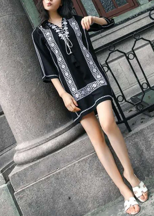 Loose Navy Embroidered Lace Up Cotton Mid Dress Bracelet Sleeve
