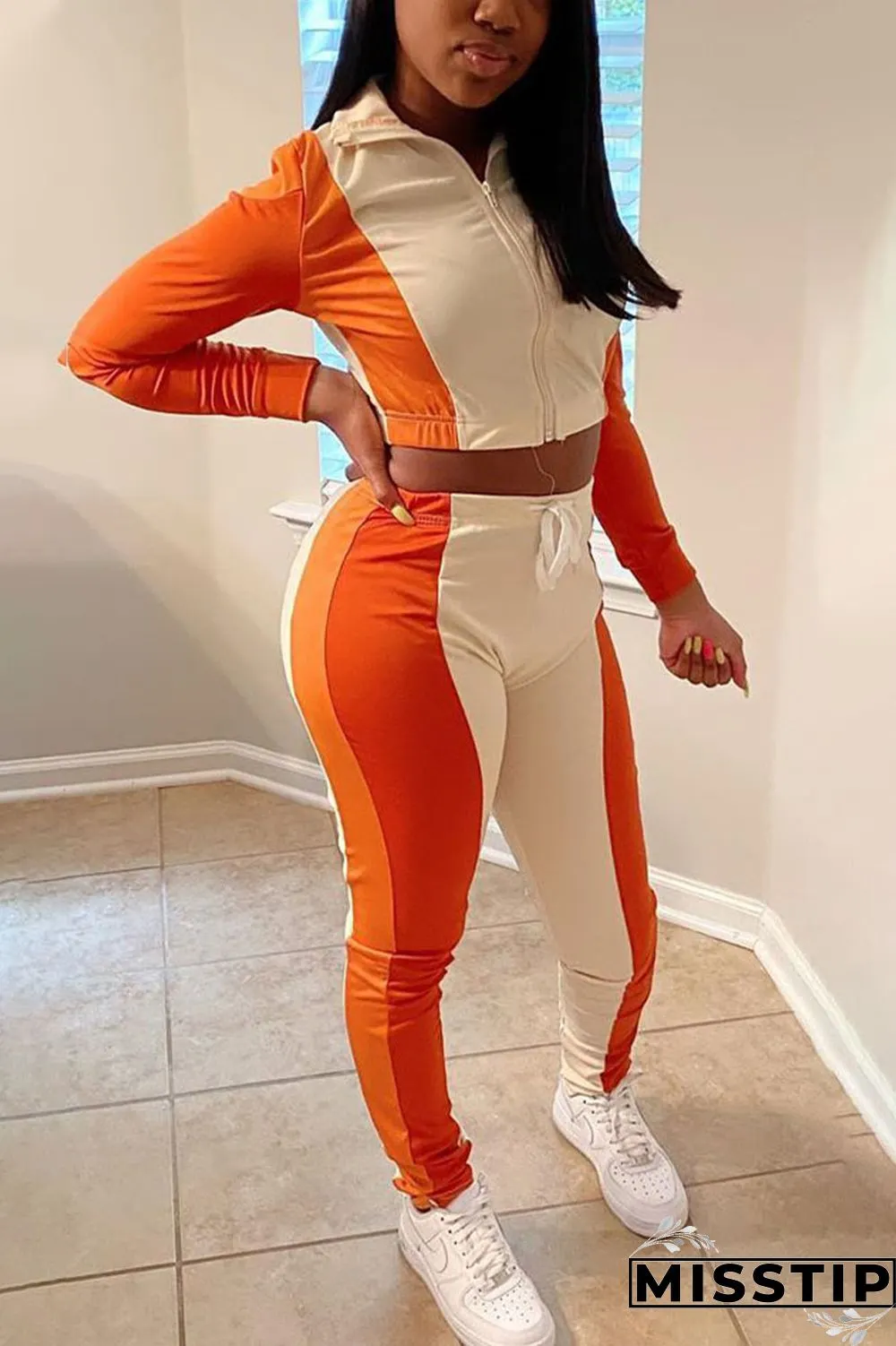 Green Sportswear Solid Patchwork O Neck Long Sleeve Two Pieces