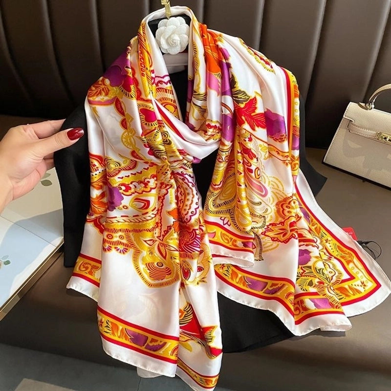 Women’s Fashion Letter Plaid Satin Printing Silk Scarves