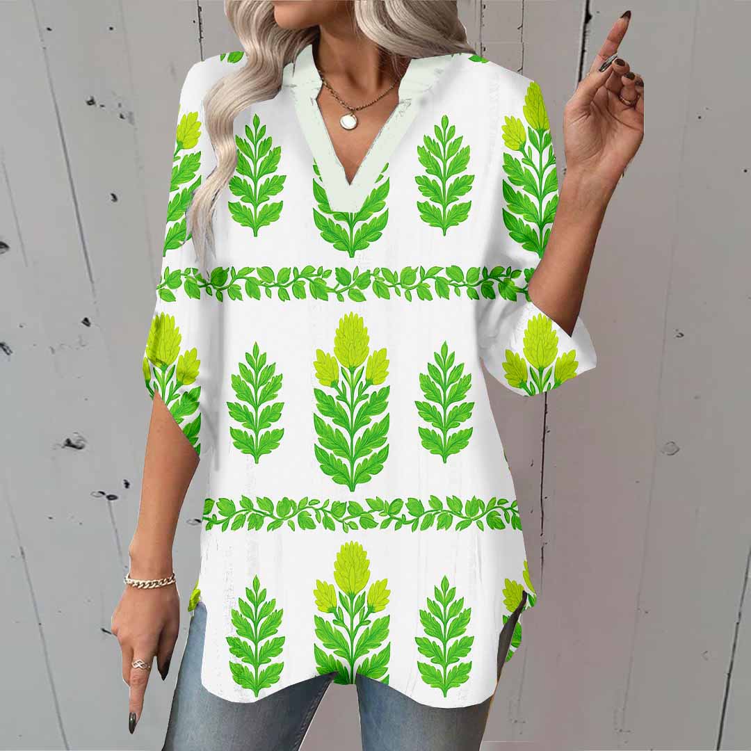 Women Floral, Leaves, Green DZGA0116 3/4 Sleeve V-neck Printed Graphic Button Tops