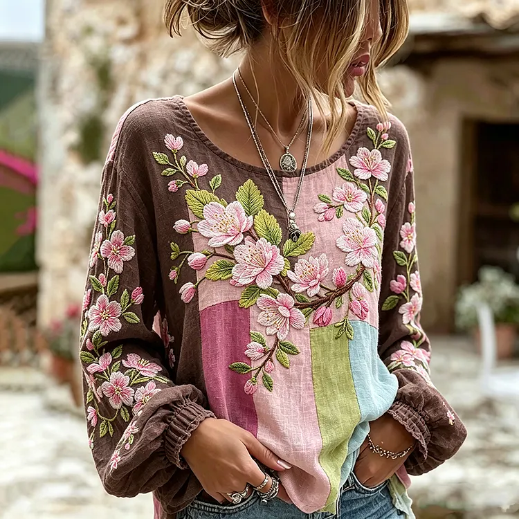 Women's Floral Embroidery Patchwork Art Comfortable Cotton Linen Long Sleeve Round Neck Top