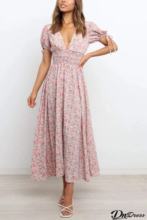 Shirred Waist V Neck Maxi Dress