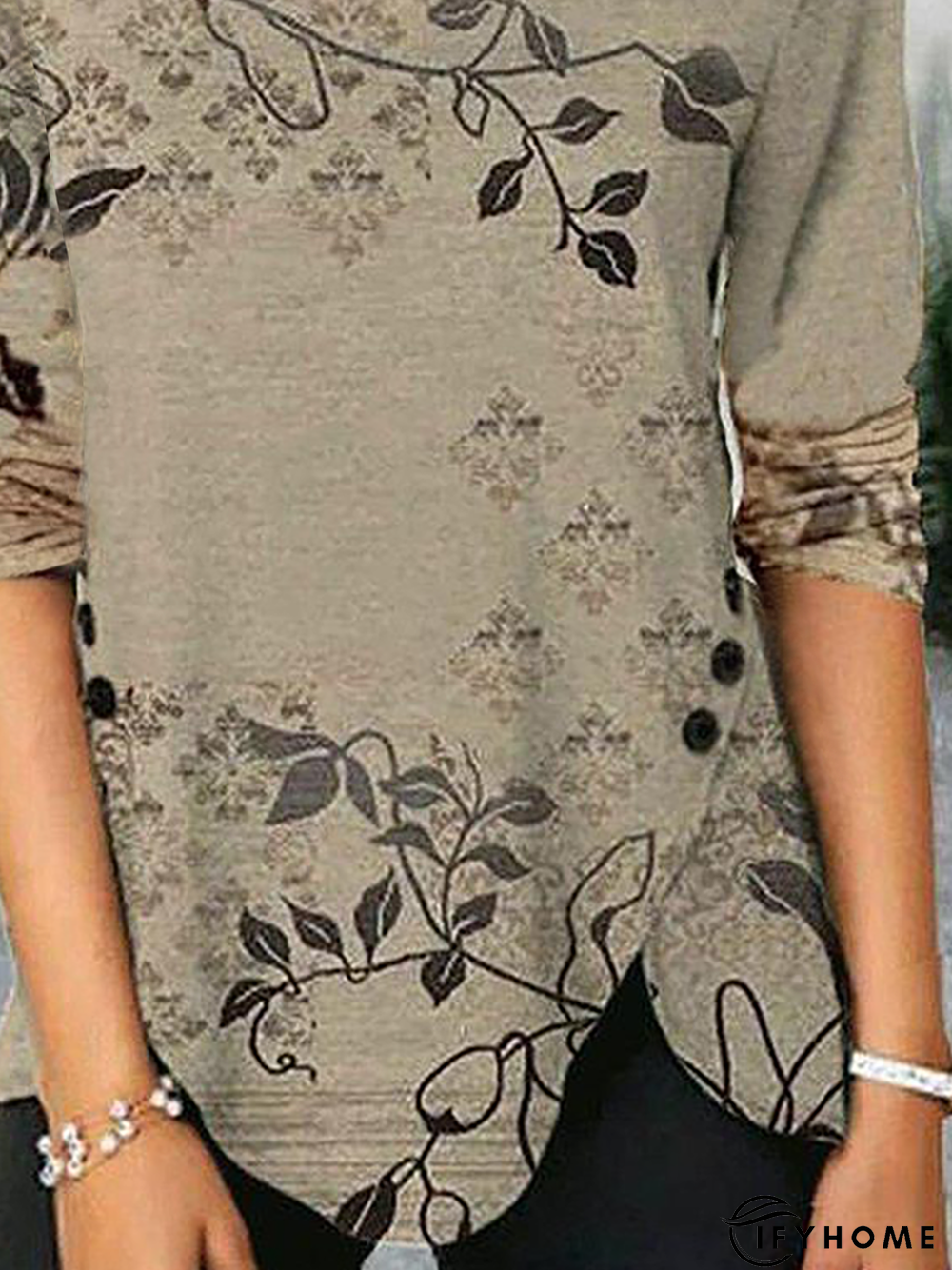 Crew Neck Casual Leaves Long Sleeve Tunic T-Shirt | IFYHOME