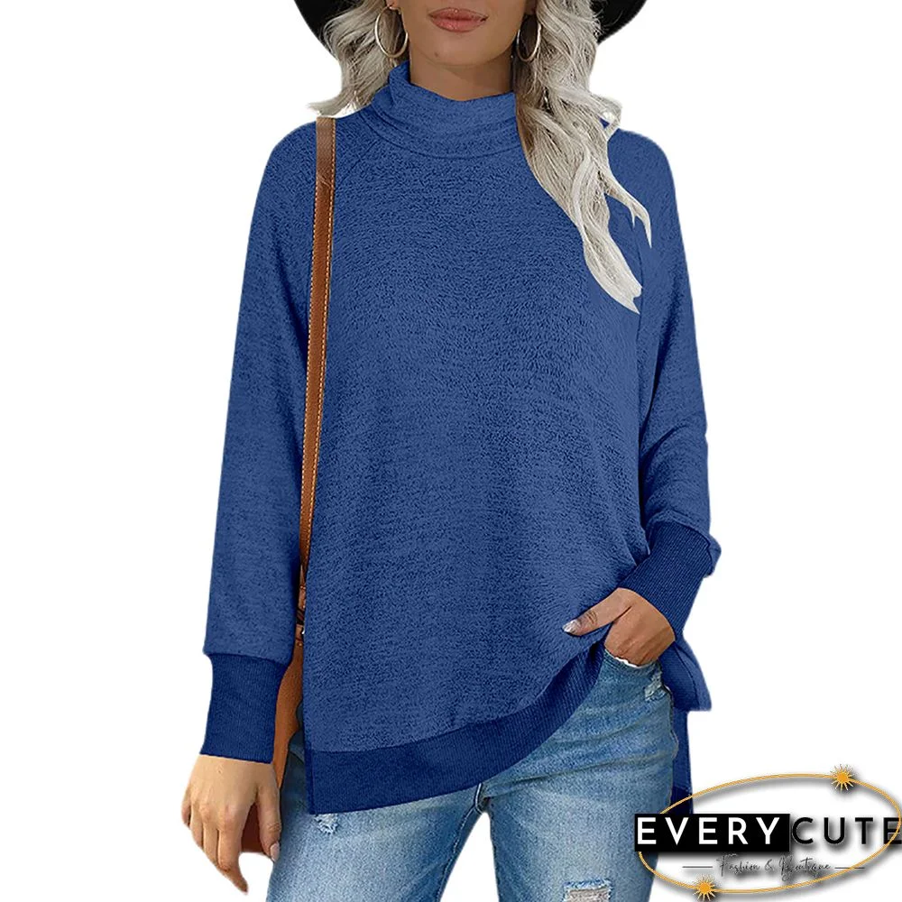 Blue Color Block Heap Collar Long Sleeve Tops