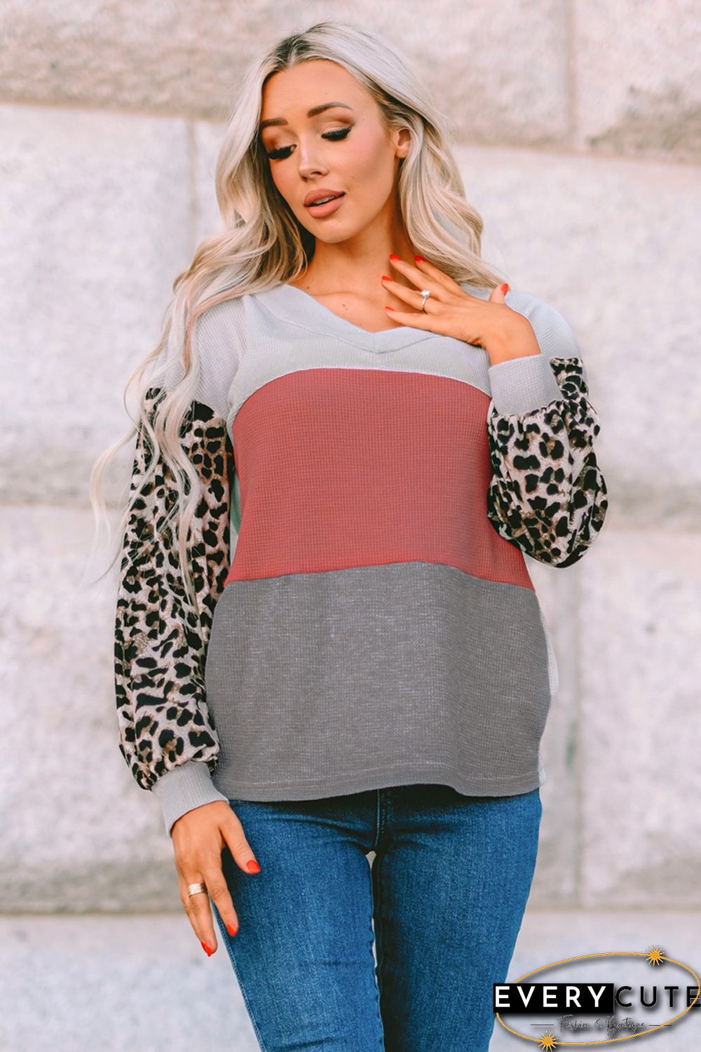 Red Wild Leopard Contrast Sleeve Colorblock Waffle Knit Top