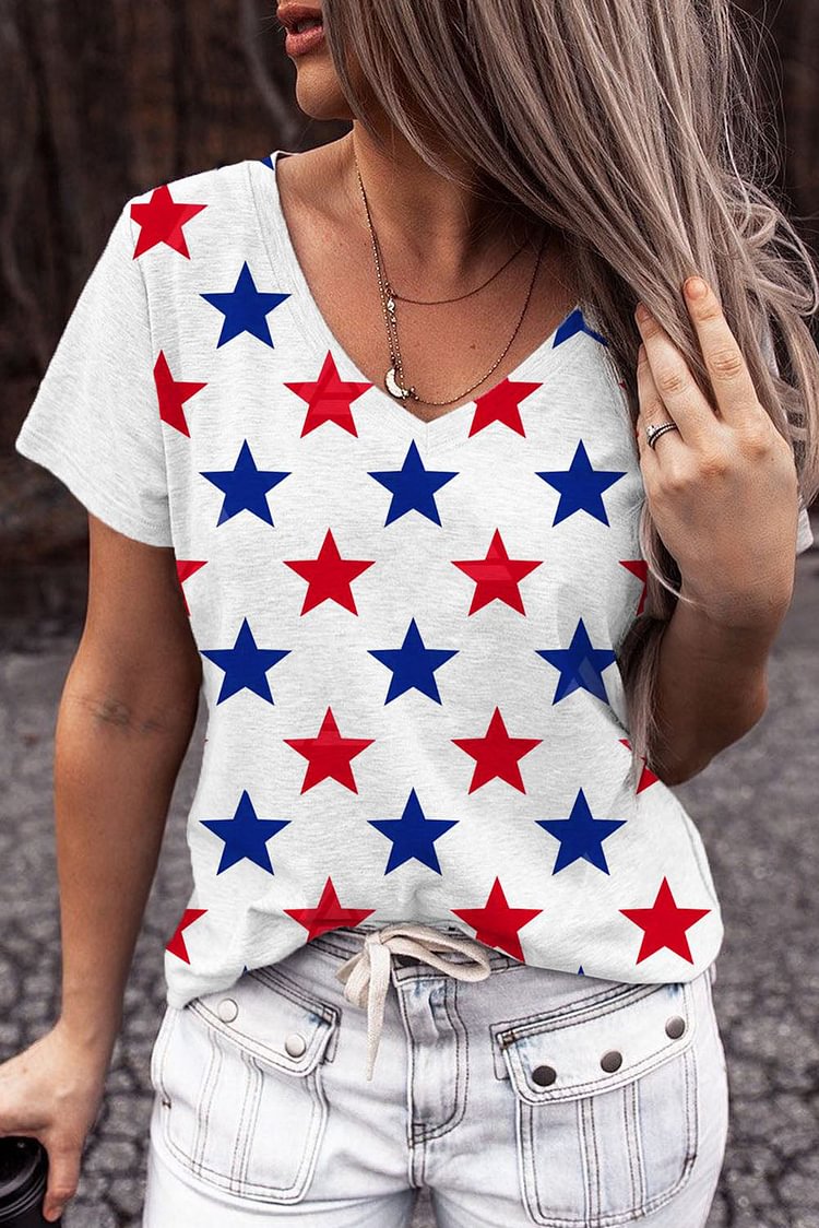 White Star Print V-neck loose T-shirt