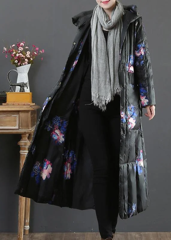 Warm plus size womens parka coats black print hooded pockets goose Down coat