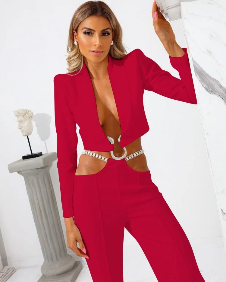 Zingj Women's Black Fashion Suit Women's Feeling Small Suit Short Top Chain Belt Casual Trousers Two-Piece Set