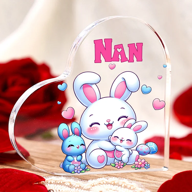 2 Names-Personalized Mum Rabbit Acrylic Heart Keepsake Custom Text Acrylic Plaque Ornaments Gifts Set With Gift Box for Nan/Mother for Easter