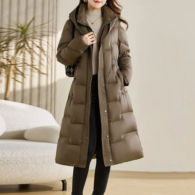 Woherb Over The Knee White Duck Down Down Jacket Female Long Winter 2024 New Fashion Waist Belt Show Thin Warm Coat Tide-Outfit Ideas