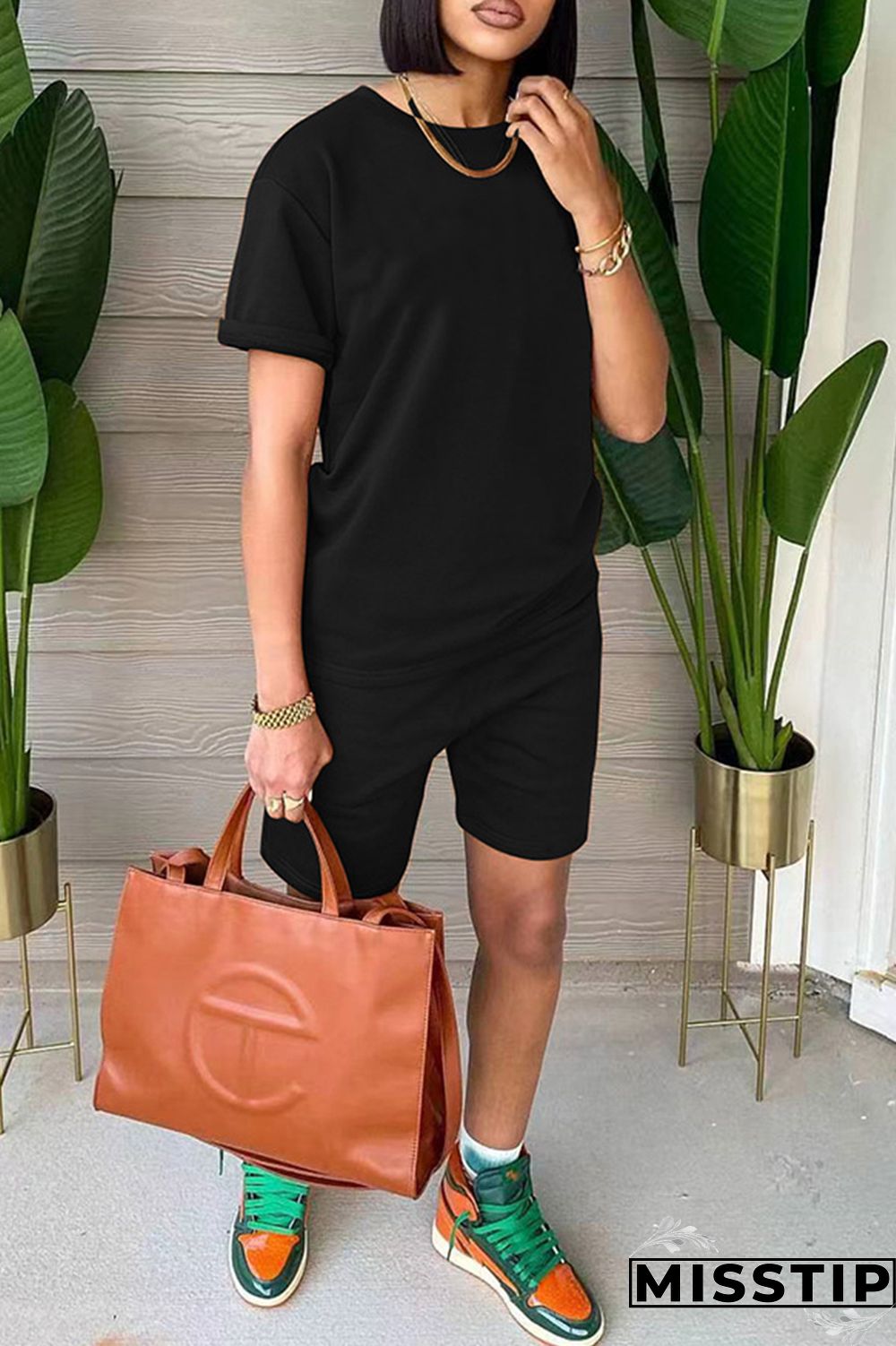 Black Fashion Casual Solid Basic O Neck Short Sleeve Two Pieces