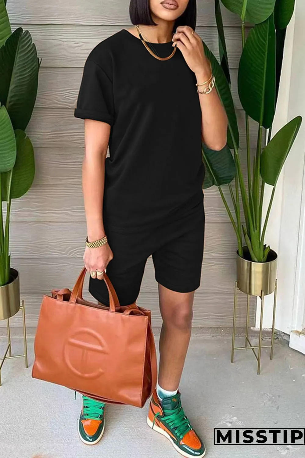 Black Fashion Casual Solid Basic O Neck Short Sleeve Two Pieces