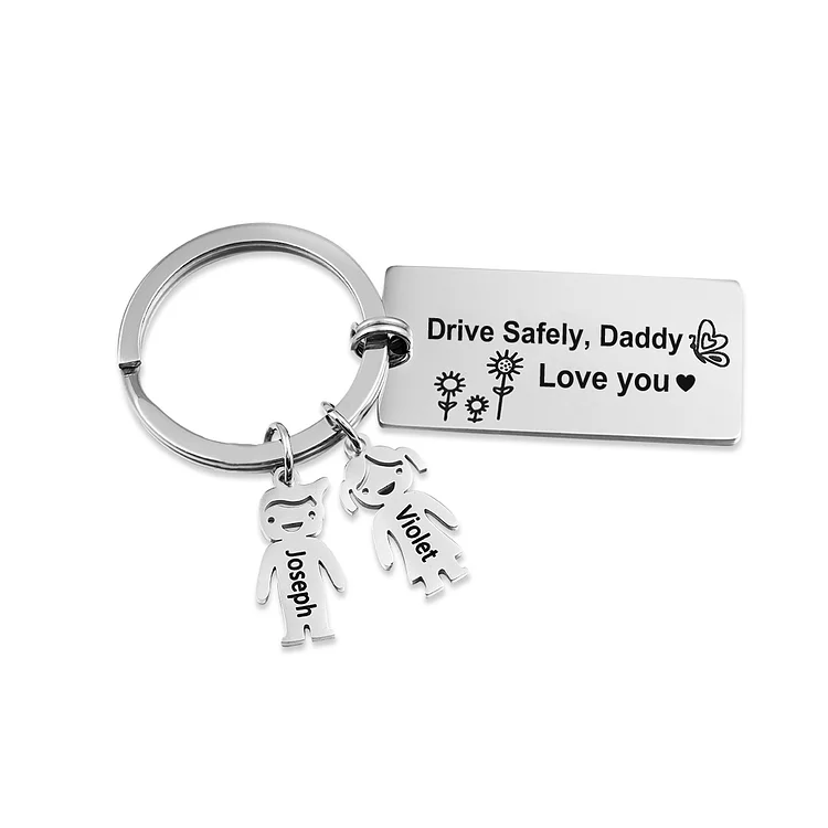 Custom Family Keychain with 2 Kid Charms Drive Safely Keychain