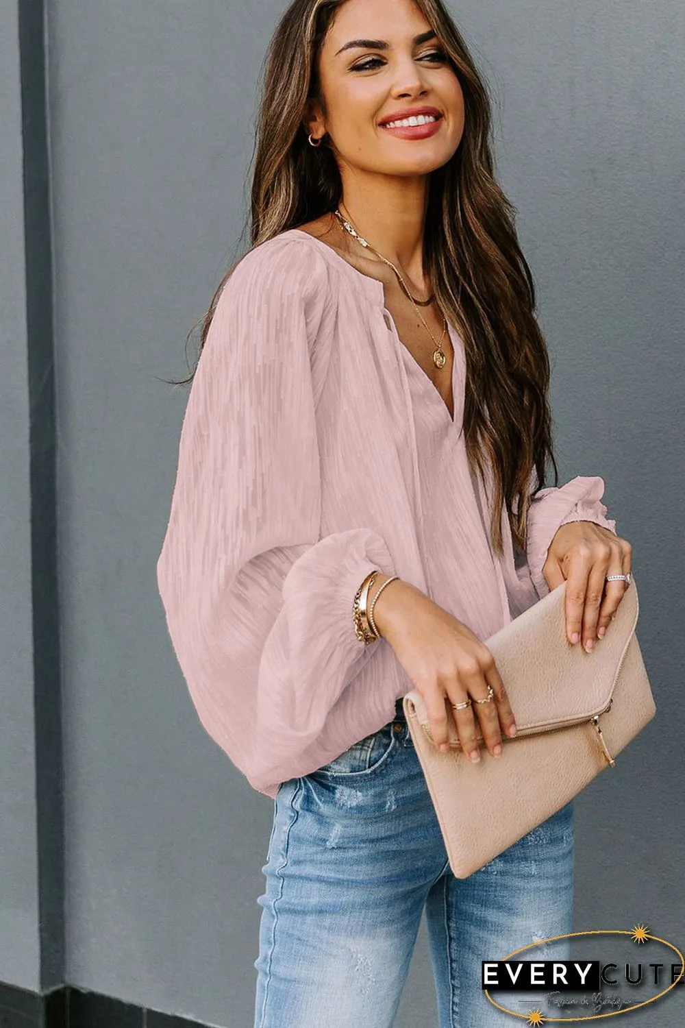 Pink V Neck Lantern Sleeve Textured Solid Top
