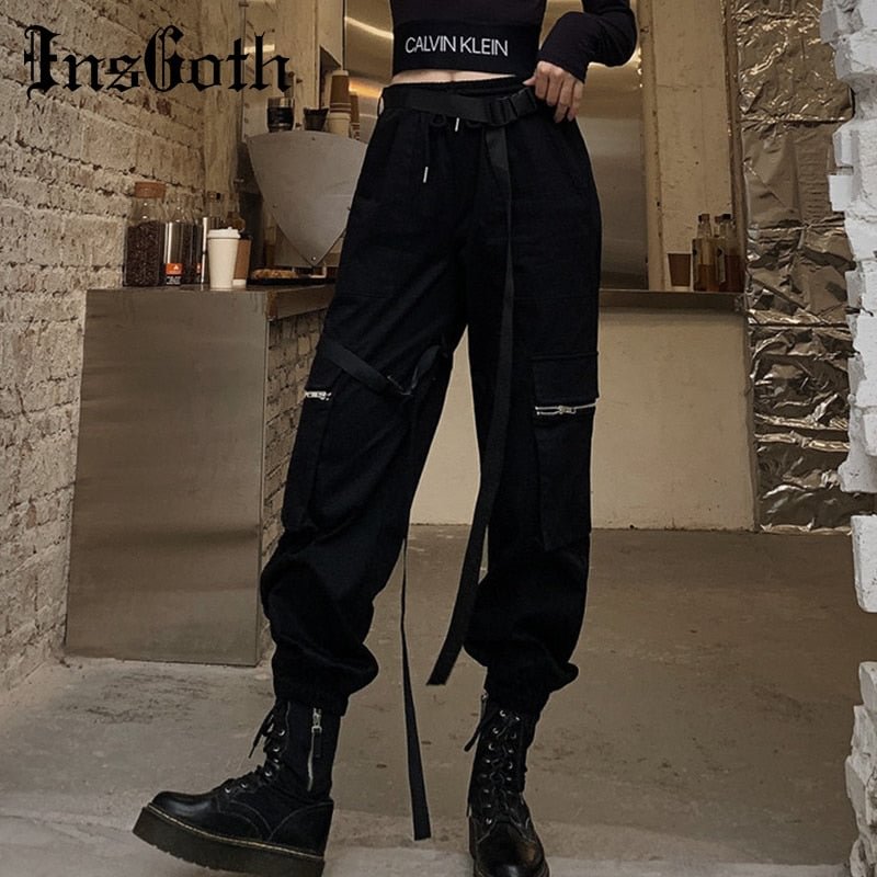 InsGoth Black High Waist Cargo Pants Women Harajuku Streetwear Casual  Joggers Long Pants With Belts Female Loose Korean Style