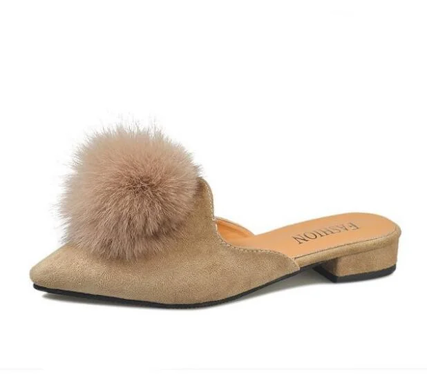 COOLSA New Women's Flock Plush Ball Slippers Women Casual Flat Mule Slippers Quality Faux Fur Lazy Slides Large Size Wholesale