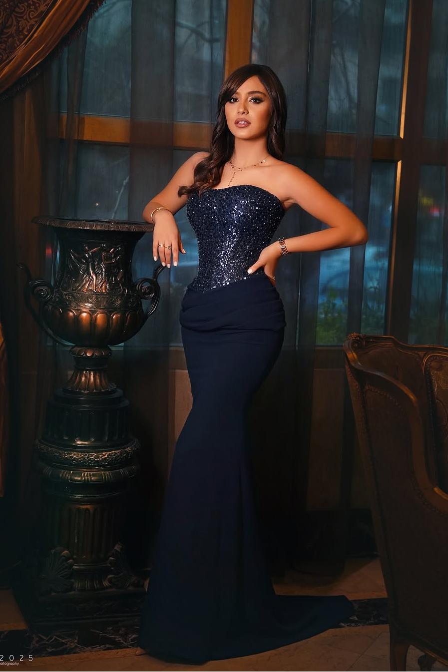 Amazing Dark Navy Sleeveless Satin Strapless Beaded Mermaid Prom Dress with Pleated | MS0733 