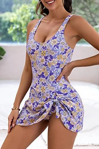 Women's Floral One Piece Swimdress Tummy Control Swimsuit 