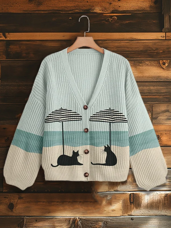 Women's Beach Cats Under Umbrellas Print Knit Cardigan