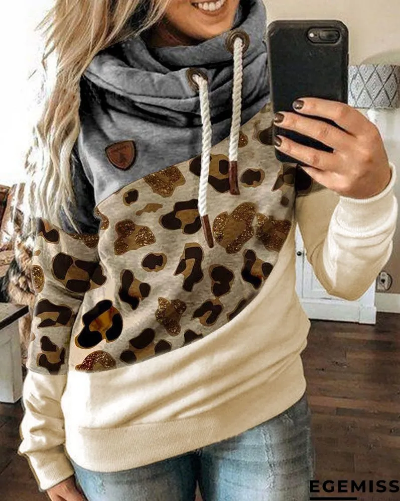 Lantern Sleeve Colorblock Leopard Print Hooded Top | EGEMISS