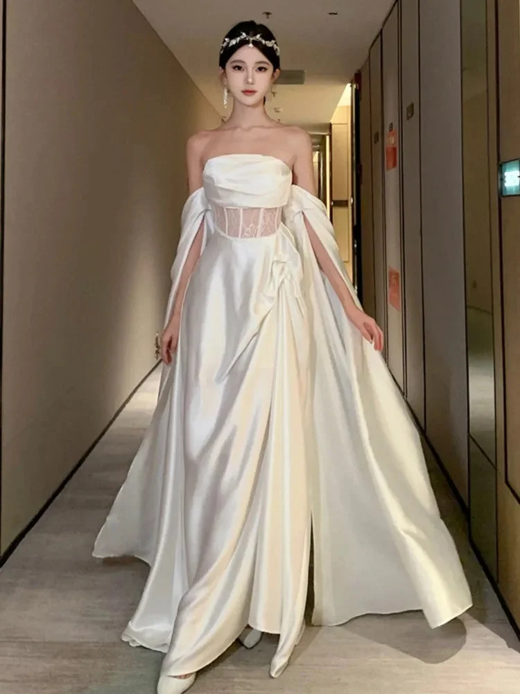 Abebey-French Romantic White Wedding Dress Elegant Hollow Out Backless Evening Party Dresses Women Summer Off Shoulder Robe Mujers