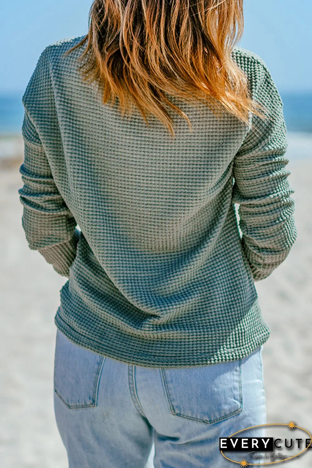 Green Waffle Knit Drop Shoulder Long Sleeve Top